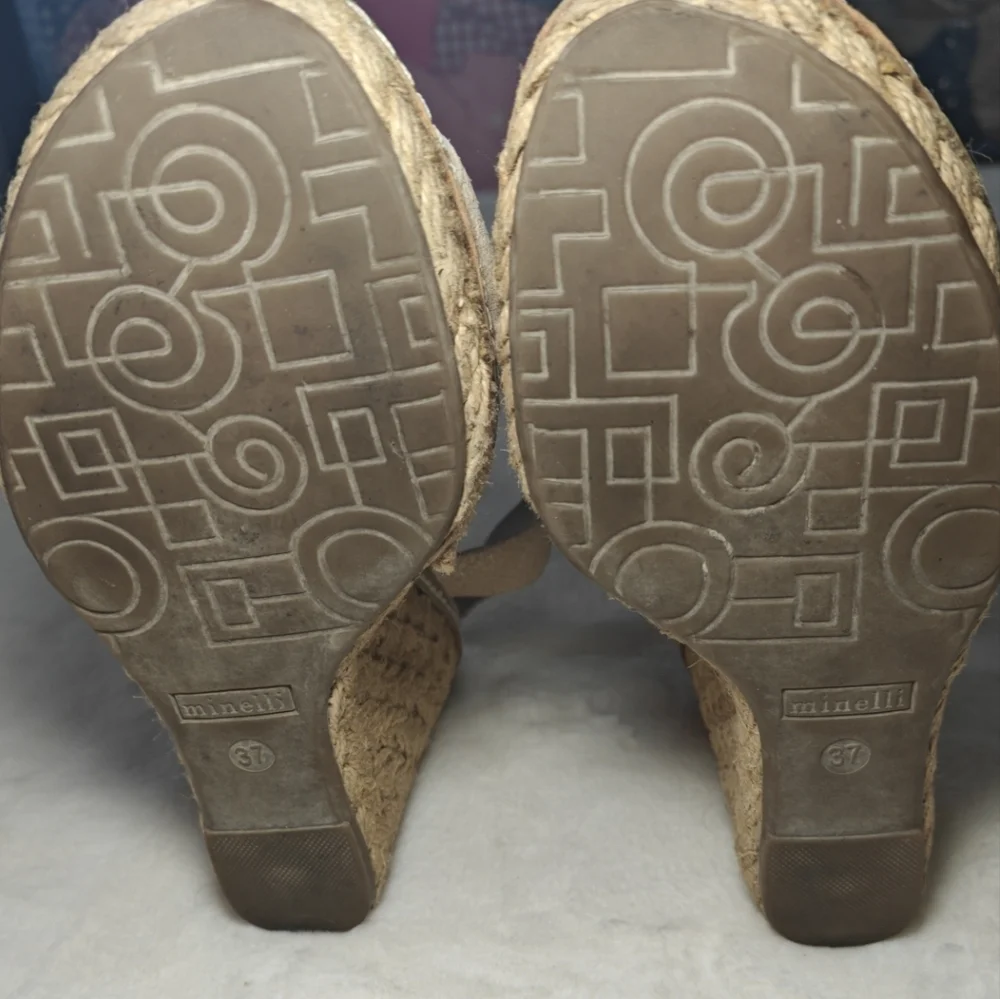 Minelli Italy‎ Women's Sz 37 Suede Glitter Sparkle Leather Platform Wedge Heels